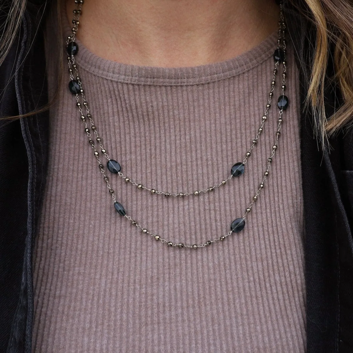 Long Pyrite, Hydro Quartz, Sterling Silver Necklace