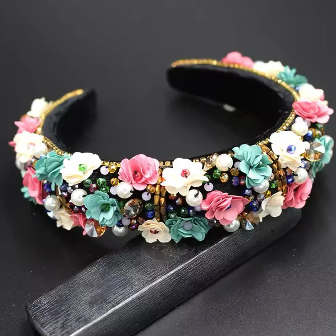 Luxurious Baroque Padded Velvet Beaded Floral Ladies Women Headband - ((Style 5))