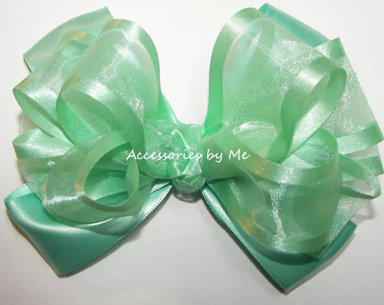 Mint Organza Satin Trim Hair Bow