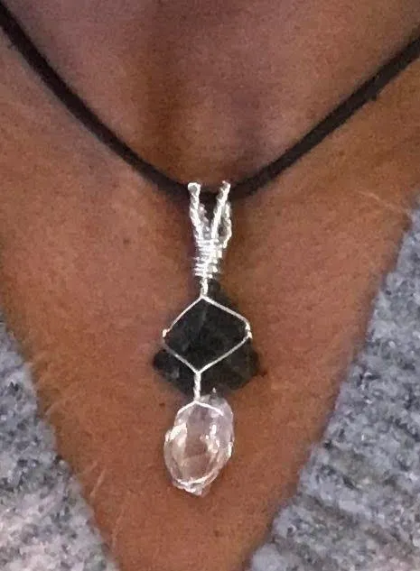 Moldavite and Herkimer Diamond Sterling Silver Wirewrapped Pendant