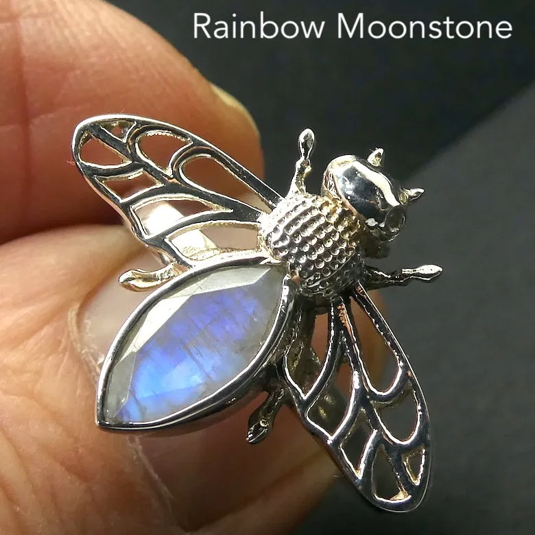 Moonstone Ring, Bee Motif, 925 Sterling Silver