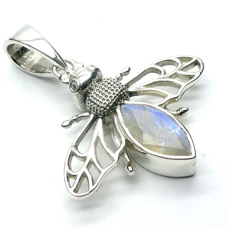 Moonstone Ring, Bee Motif, 925 Sterling Silver