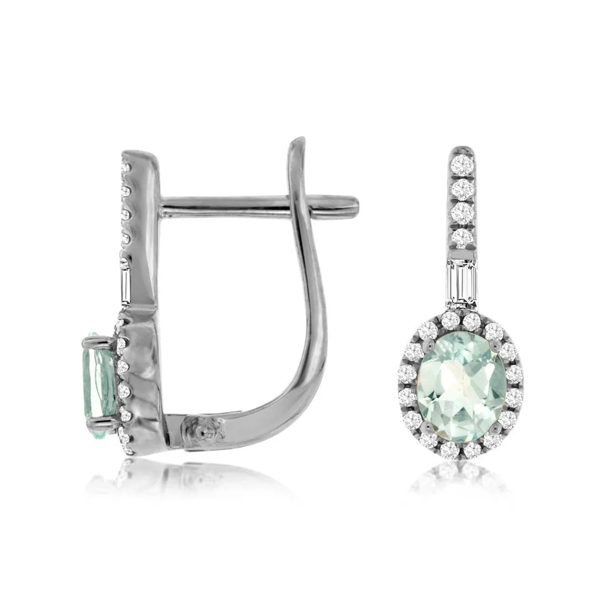 Oval Natural Aquamarine Diamond Halo Leverback Earrings in White Gold