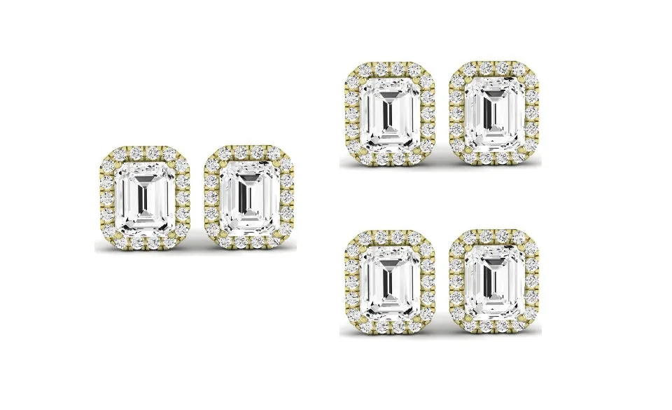 Paris jewelry 14k Yellow Gold 3Ct Emerald Cut White Sapphire Set Of Three Halo Stud Earrings Plated