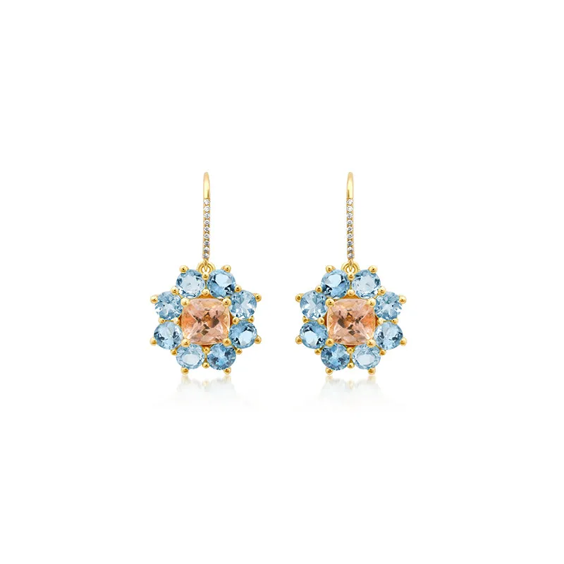 Petite Statement Aquamarine Flower Drop Earrings with Morganite Center