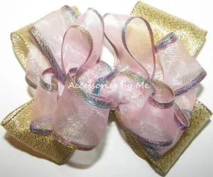 Pink Gold Iridescent Organza Metallic Hair Bow