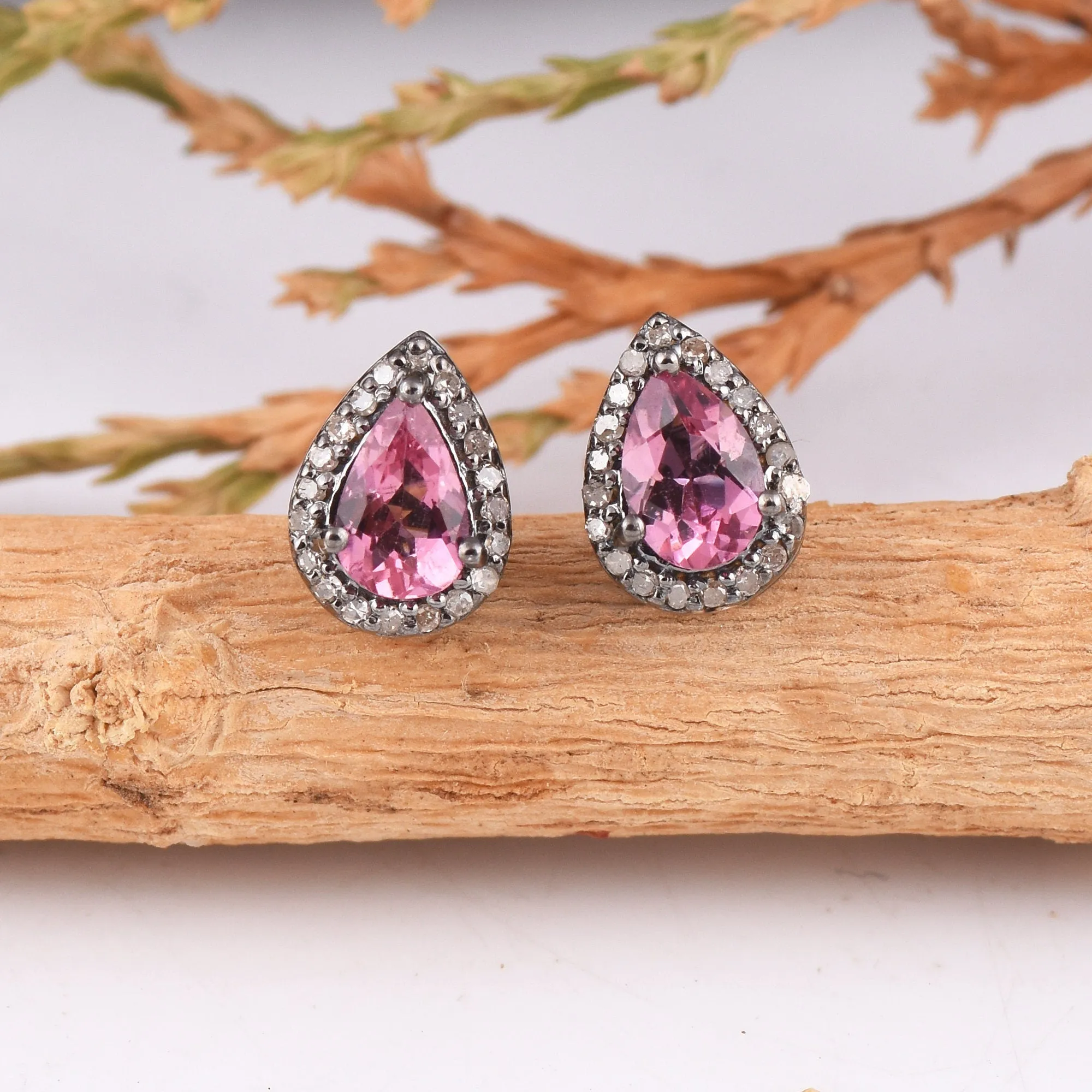 Pink Tourmaline & Diamond Halo Earrings