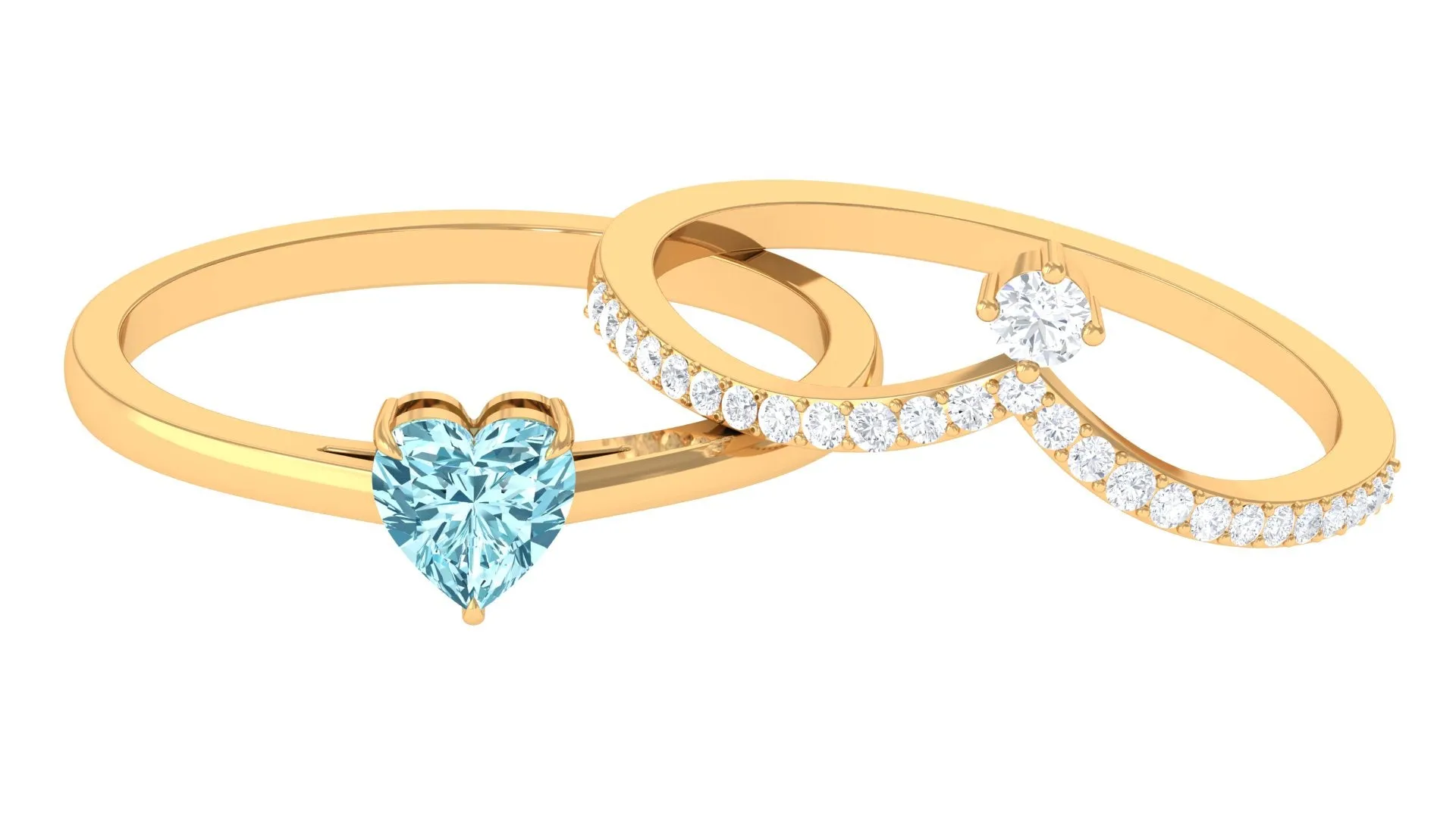 Real Aquamarine Heart Ring Set with Diamond