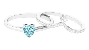 Real Aquamarine Heart Ring Set with Diamond