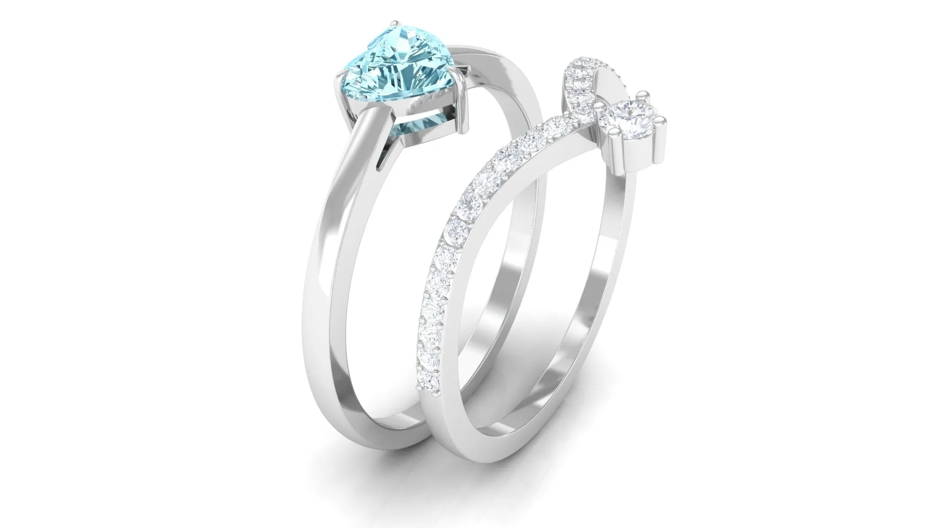 Real Aquamarine Heart Ring Set with Diamond