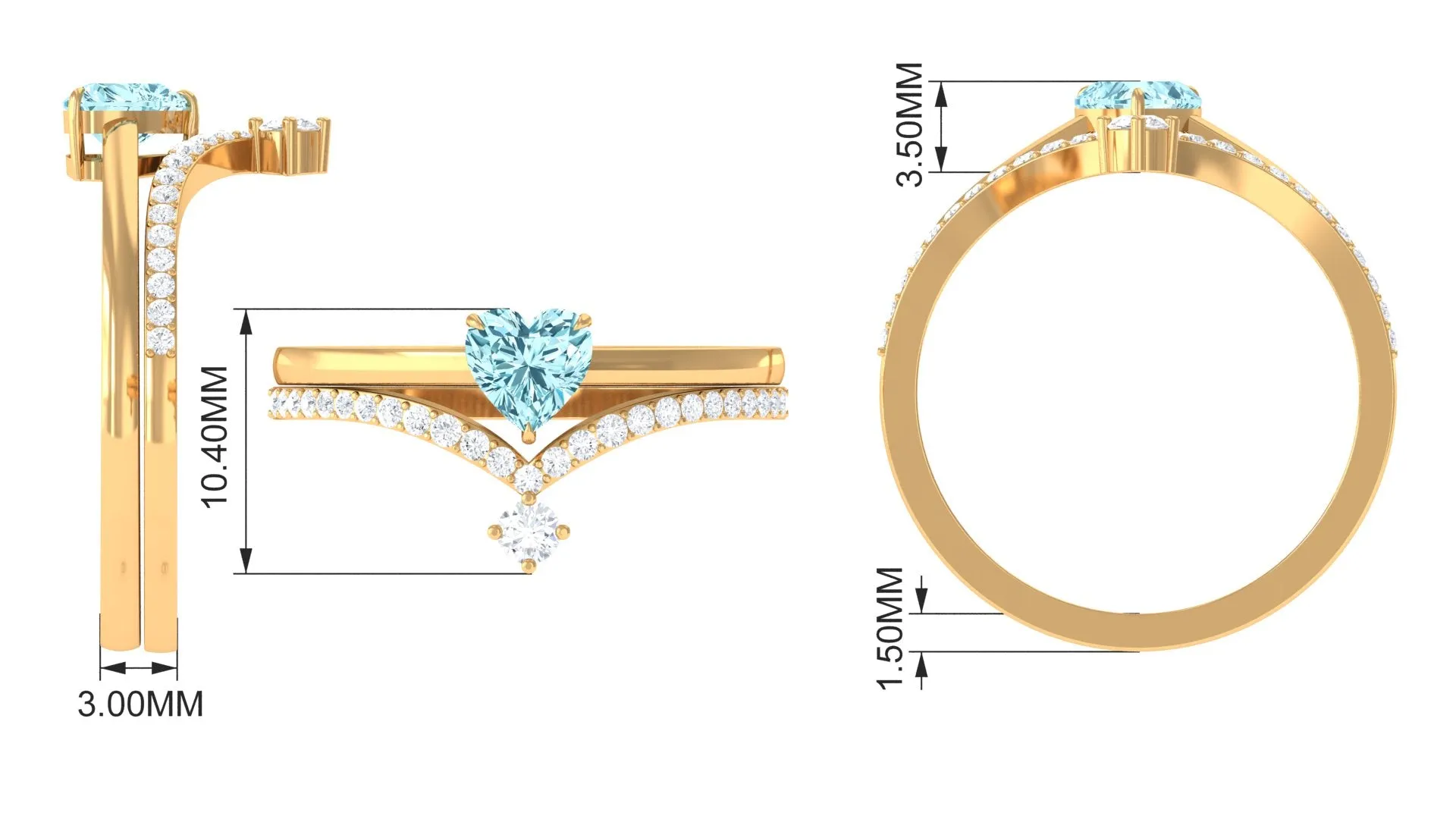 Real Aquamarine Heart Ring Set with Diamond