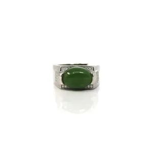 RealJade® Co. Signet Silver Real Oval Green Nephrite Jade Classic Men's Ring