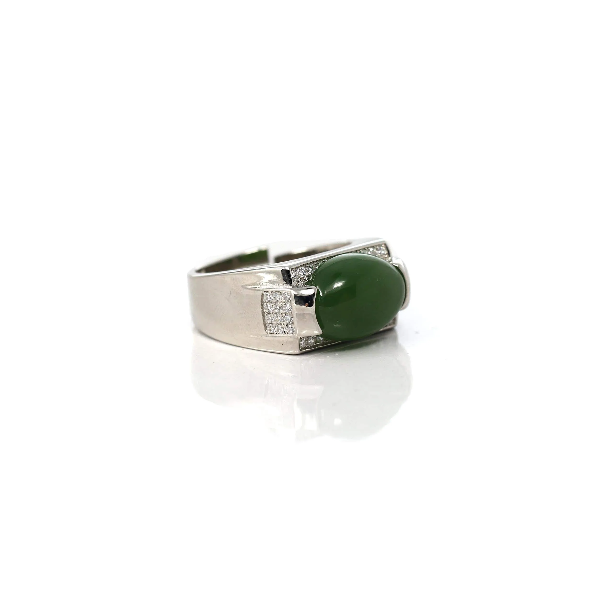 RealJade® Co. Signet Silver Real Oval Green Nephrite Jade Classic Men's Ring