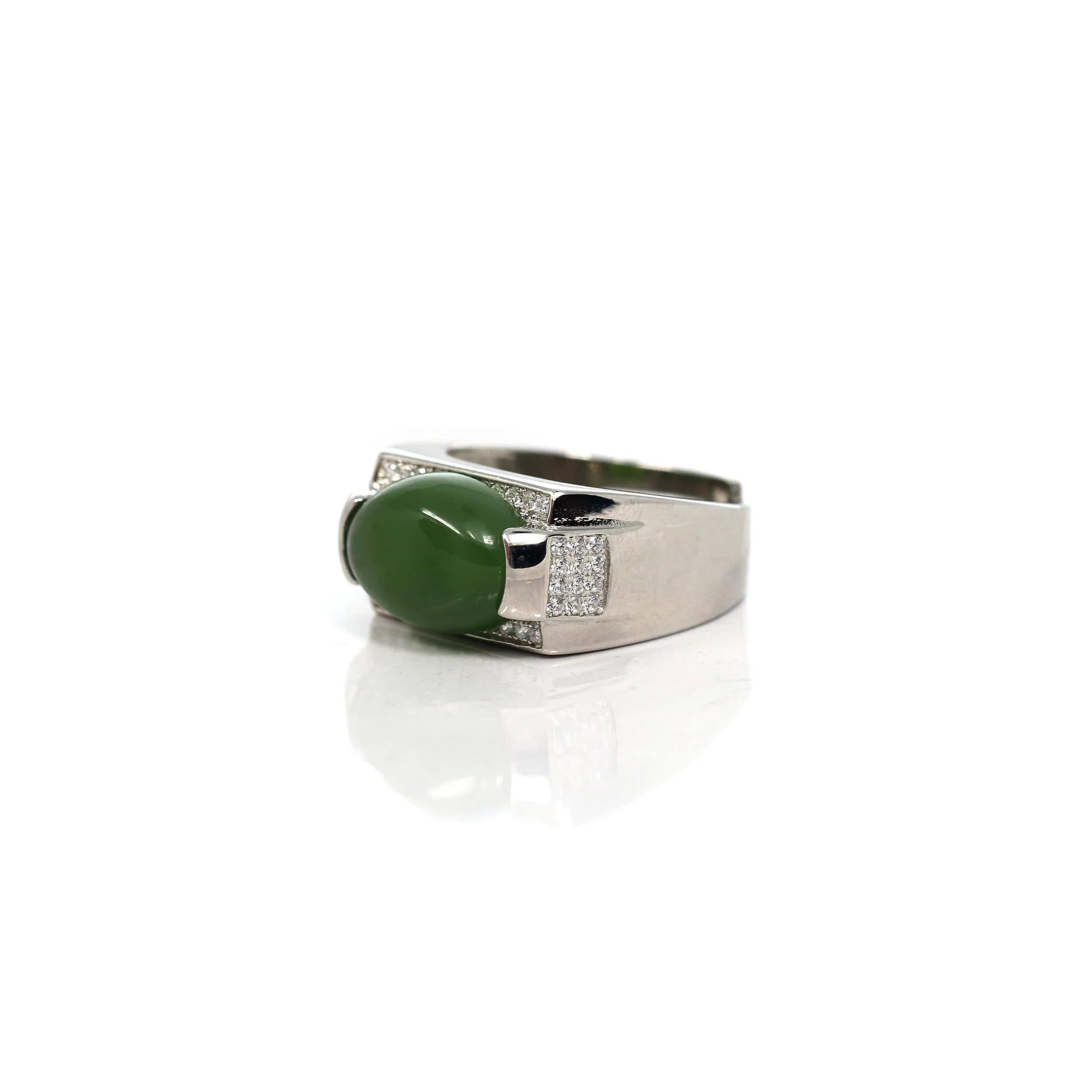 RealJade® Co. Signet Silver Real Oval Green Nephrite Jade Classic Men's Ring