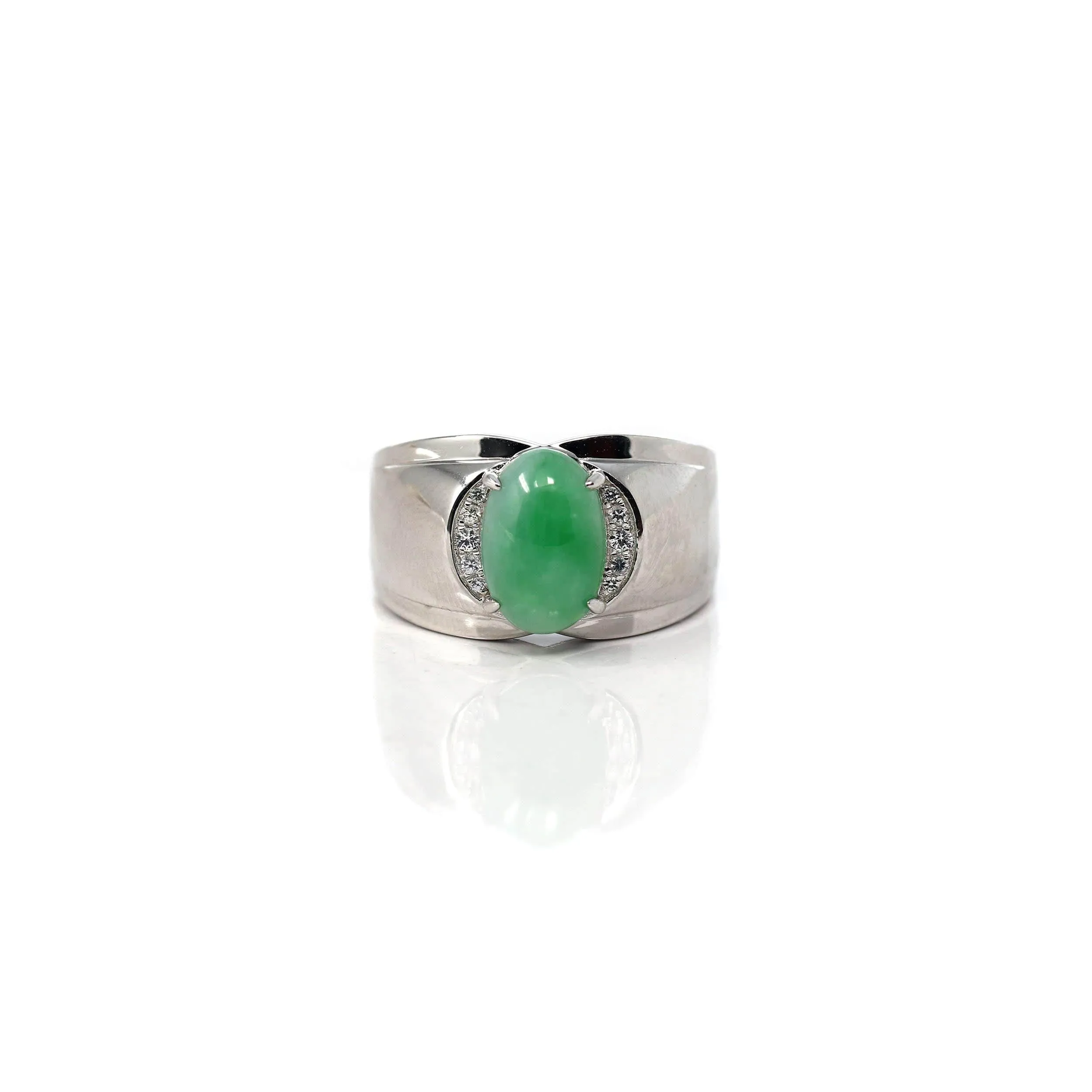 RealJade® Co. Sterling Silver Genuine Green Jadeite Jade Men's Ring with White Sapphire