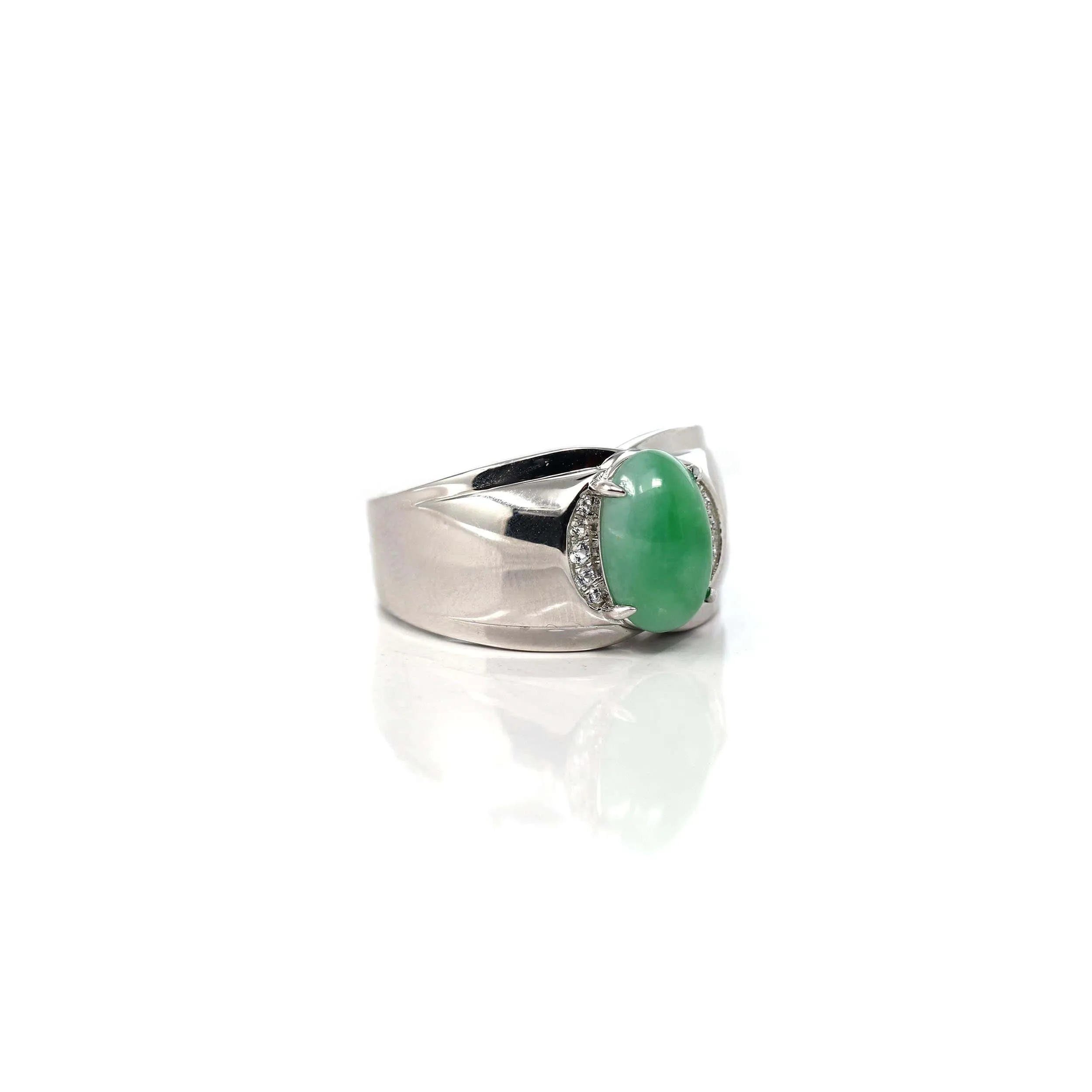 RealJade® Co. Sterling Silver Genuine Green Jadeite Jade Men's Ring with White Sapphire