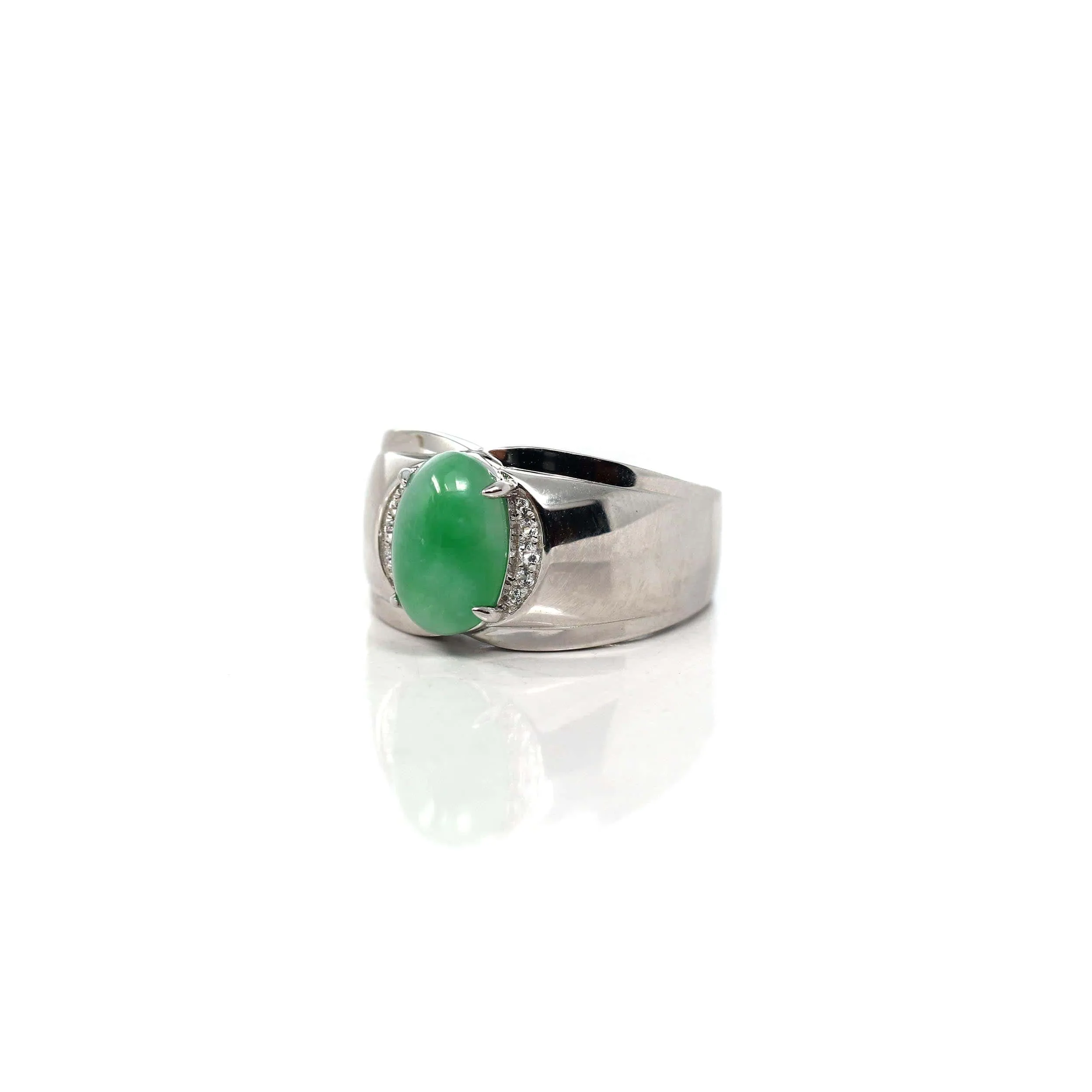 RealJade® Co. Sterling Silver Genuine Green Jadeite Jade Men's Ring with White Sapphire