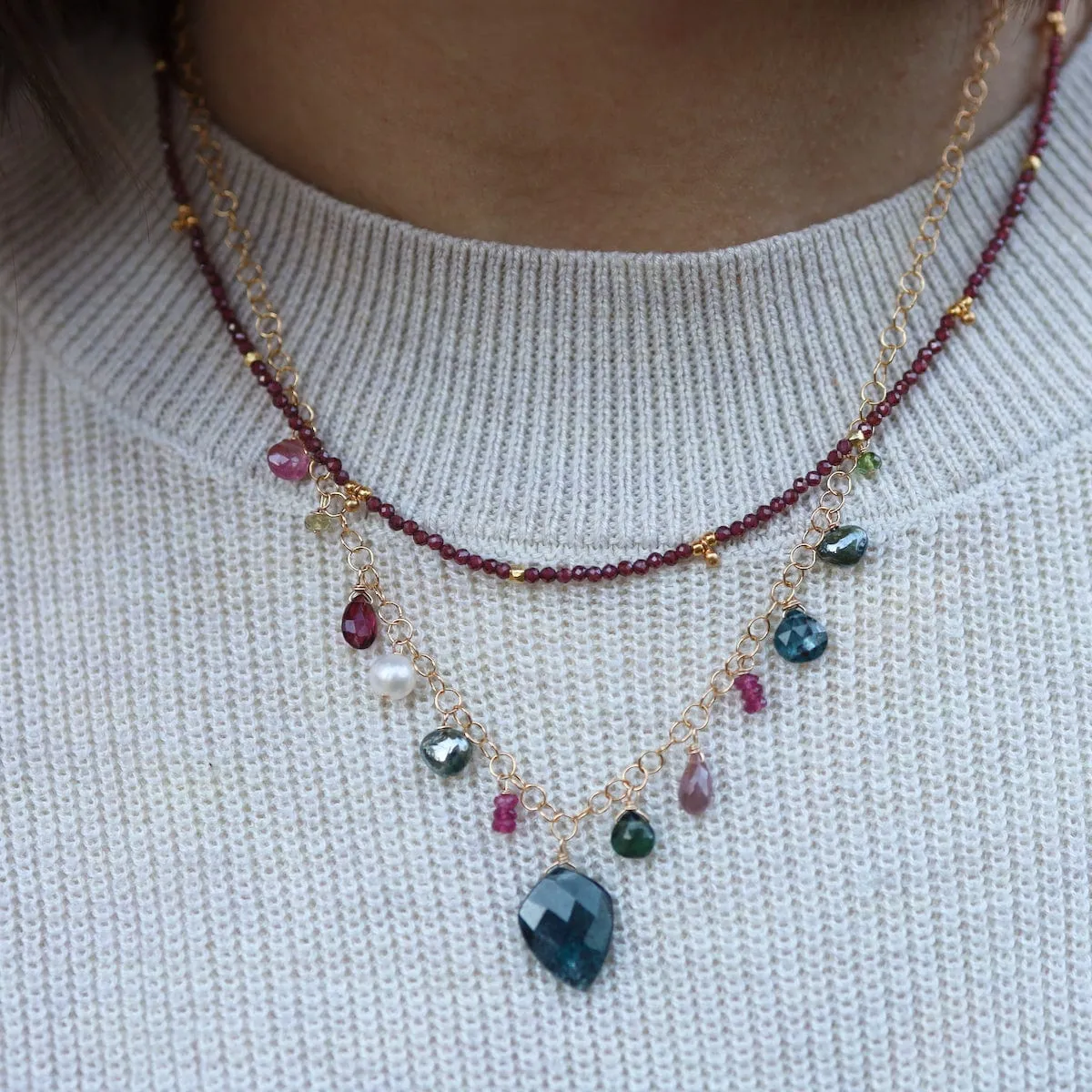 Red Garnet Tiny Gold Ball Charms Necklace