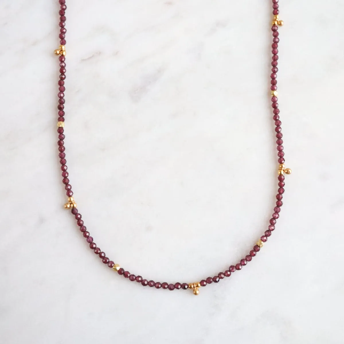 Red Garnet Tiny Gold Ball Charms Necklace