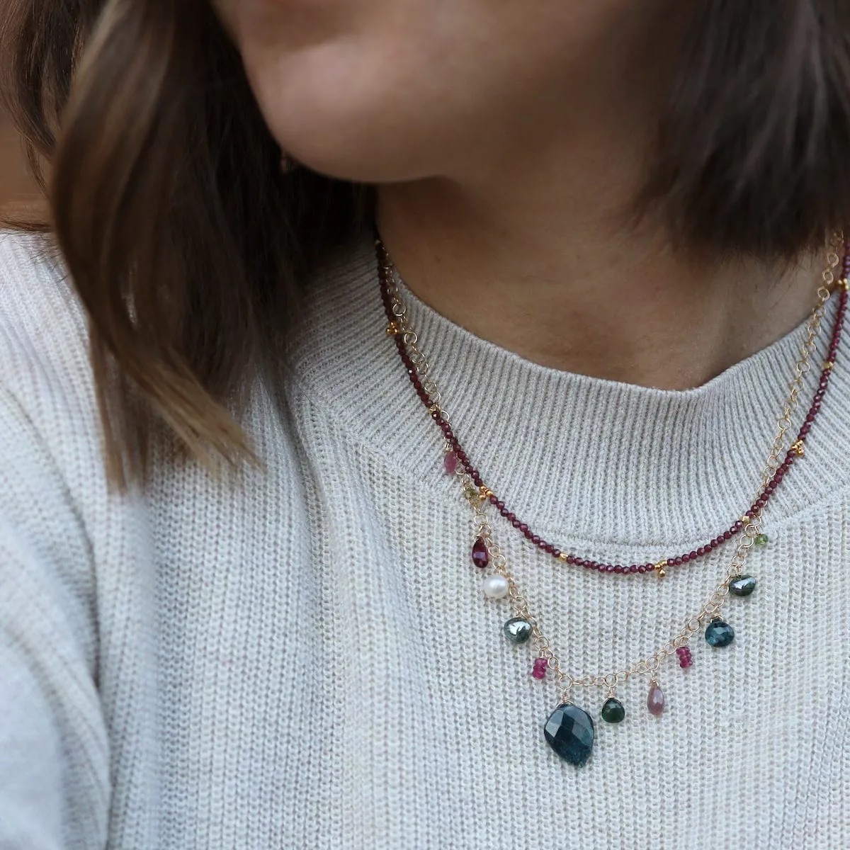 Red Garnet Tiny Gold Ball Charms Necklace