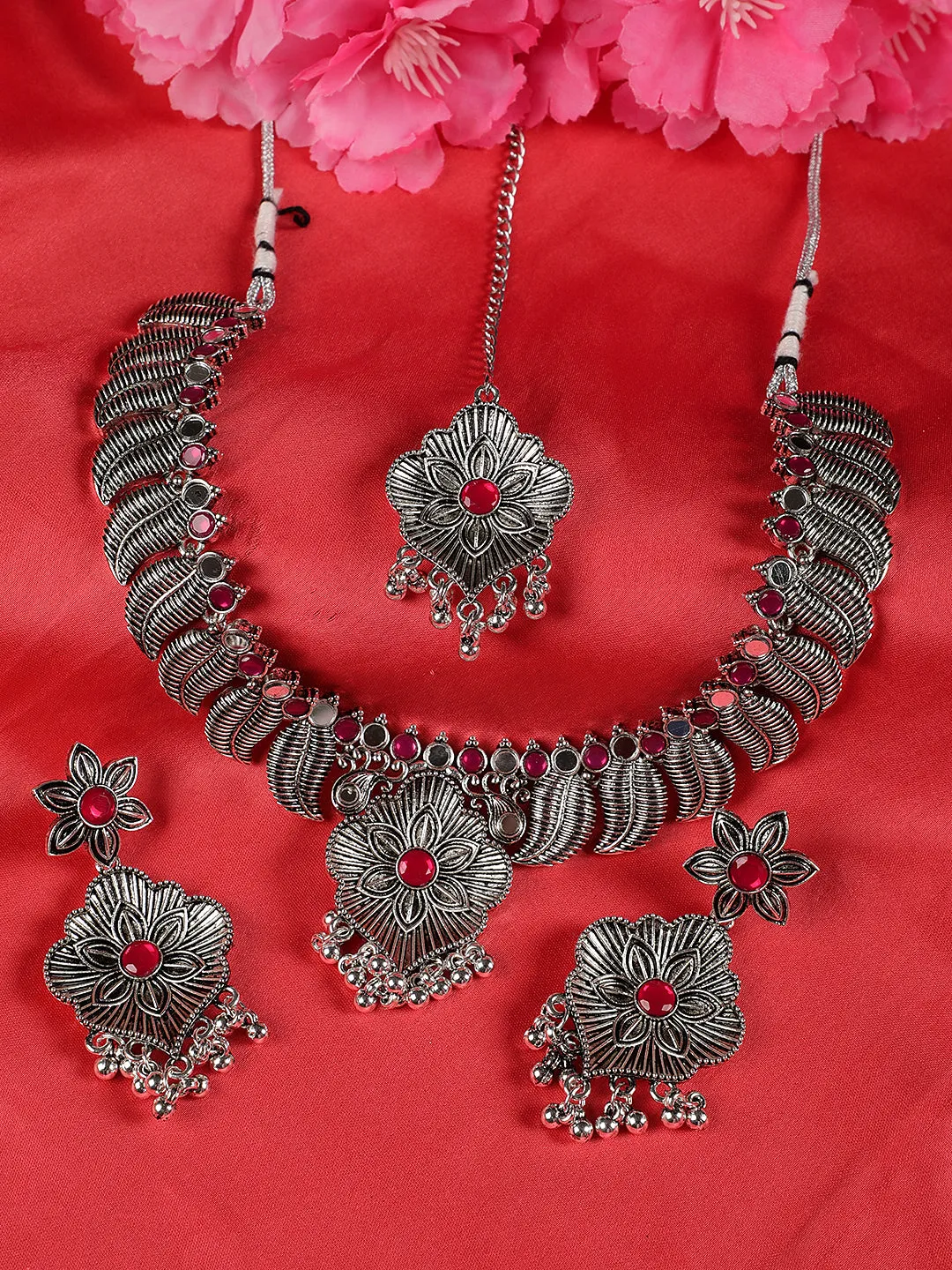 Ruby Stones Studded Oxidized Silver Plated Jewelry Set