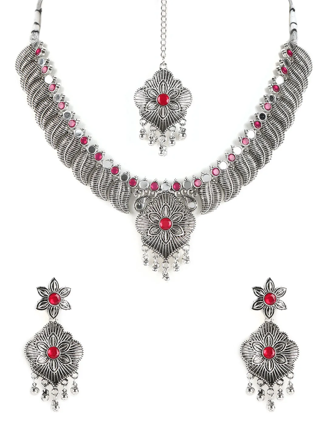 Ruby Stones Studded Oxidized Silver Plated Jewelry Set