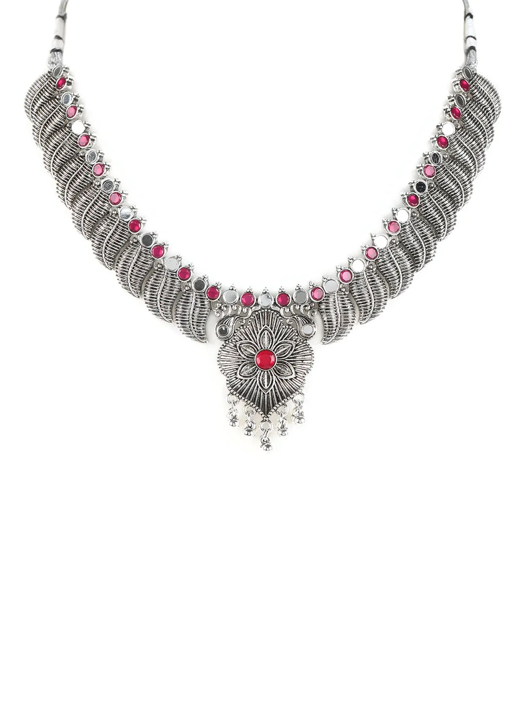 Ruby Stones Studded Oxidized Silver Plated Jewelry Set