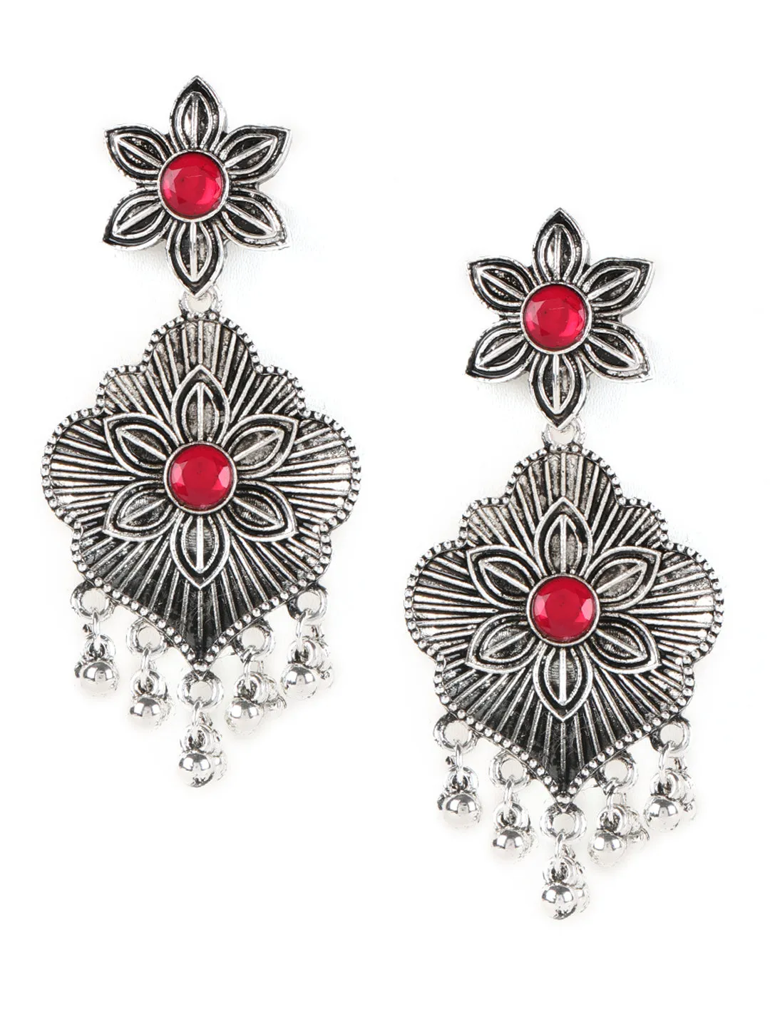 Ruby Stones Studded Oxidized Silver Plated Jewelry Set