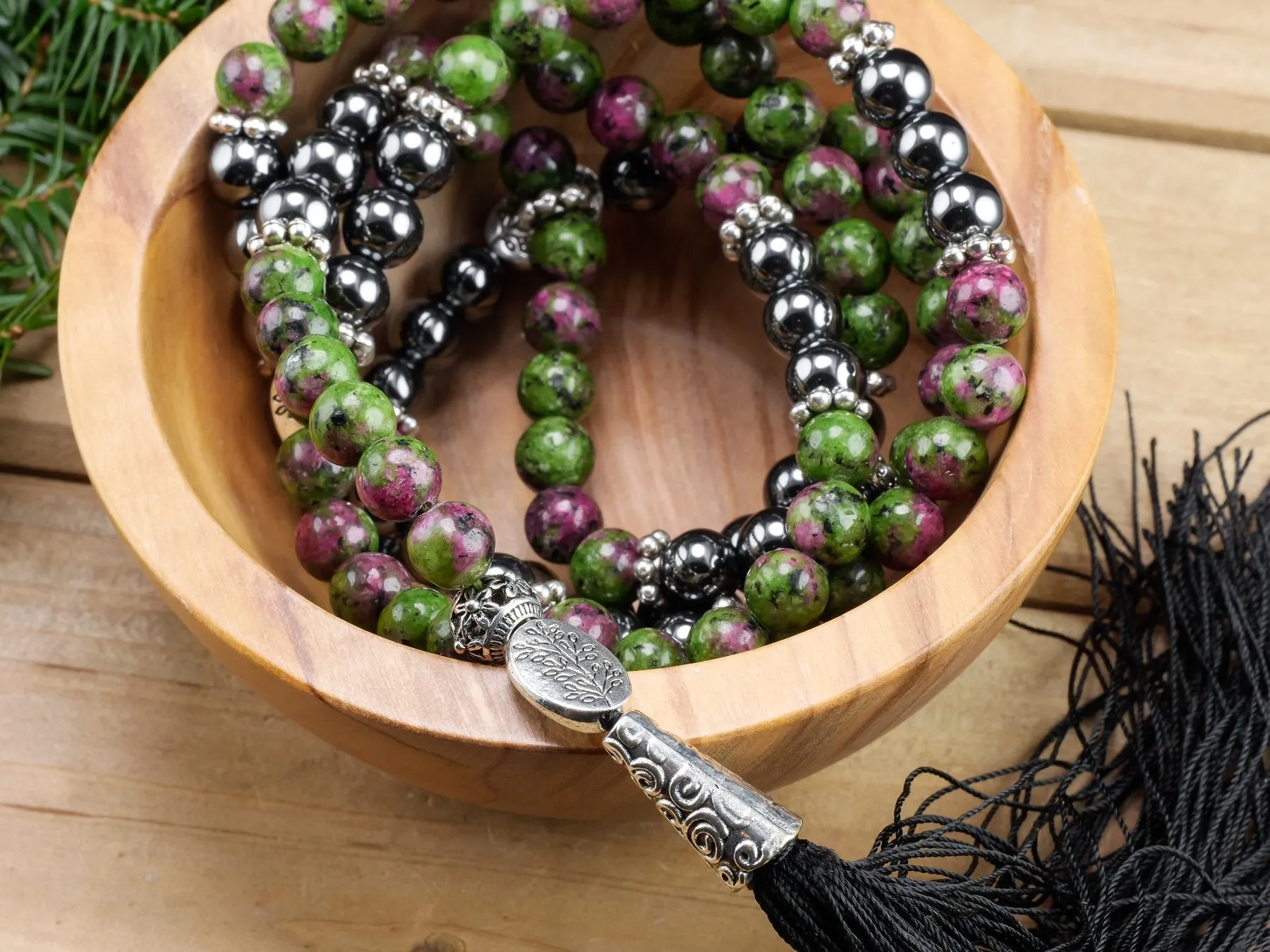 RUBY ZOISITE & HEMATITE Crystal Necklace, Mala - Beaded Necklace, Handmade Jewelry, Healing Crystals and Stones,  E1355