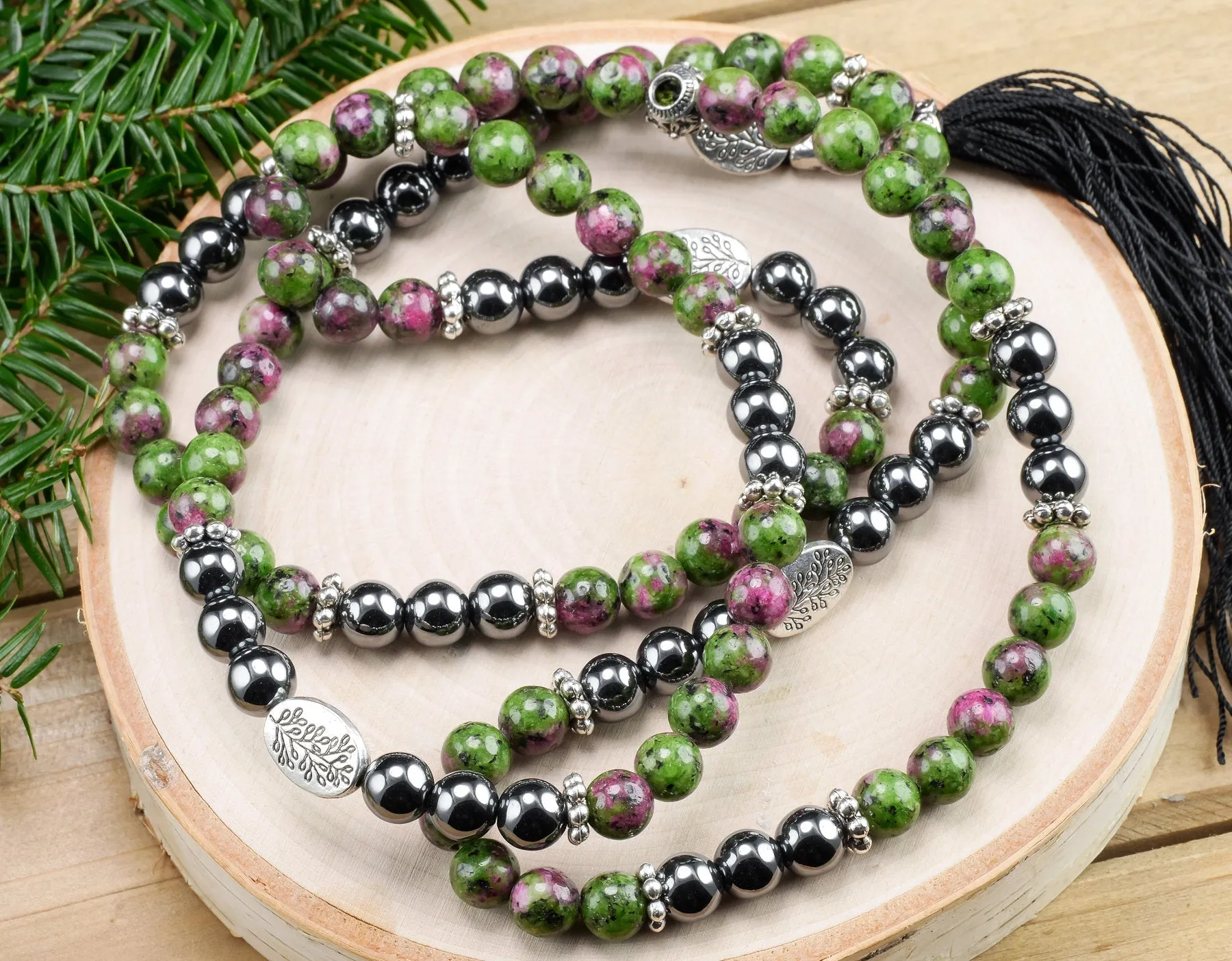 RUBY ZOISITE & HEMATITE Crystal Necklace, Mala - Beaded Necklace, Handmade Jewelry, Healing Crystals and Stones,  E1355