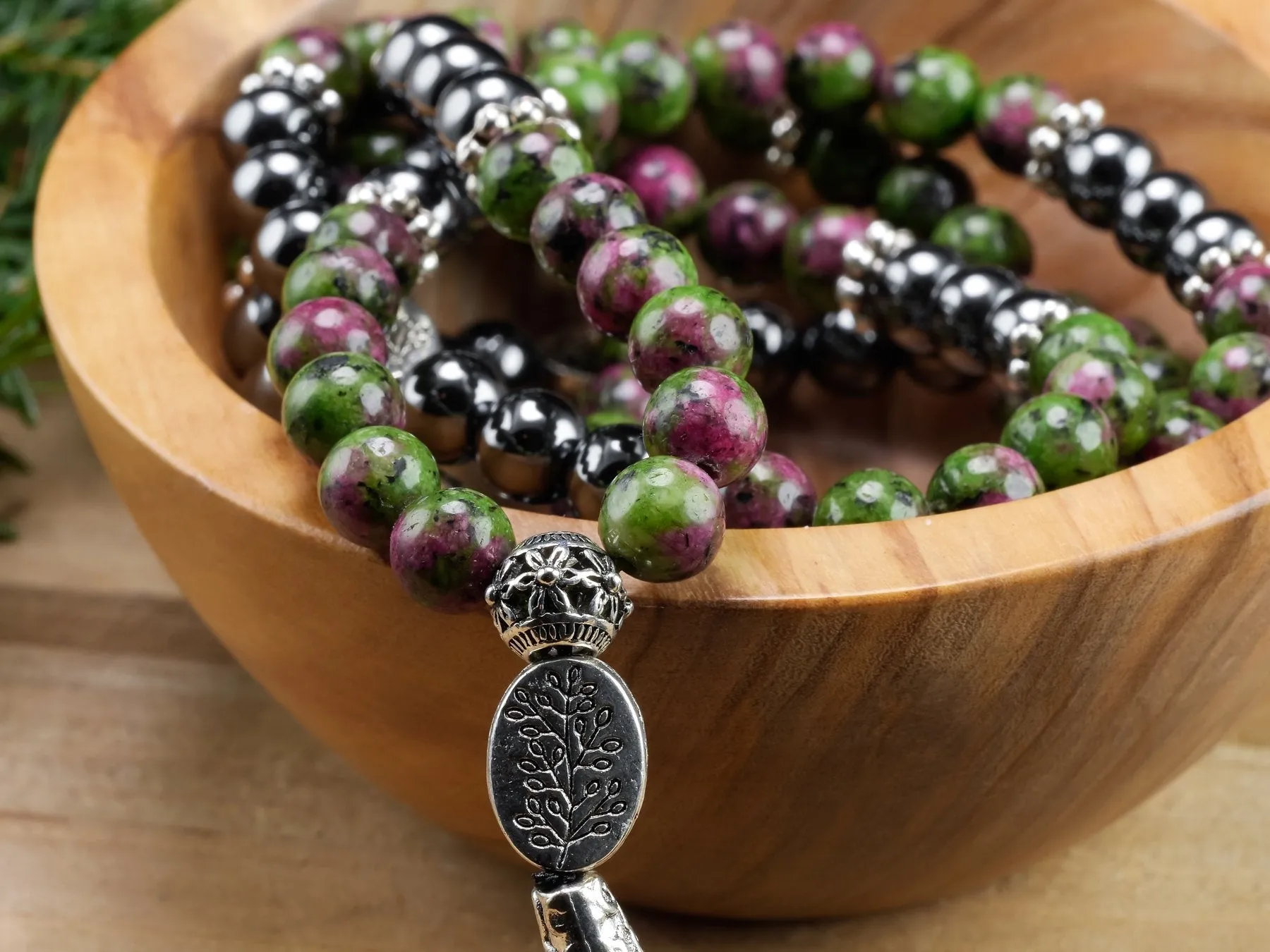 RUBY ZOISITE & HEMATITE Crystal Necklace, Mala - Beaded Necklace, Handmade Jewelry, Healing Crystals and Stones,  E1355