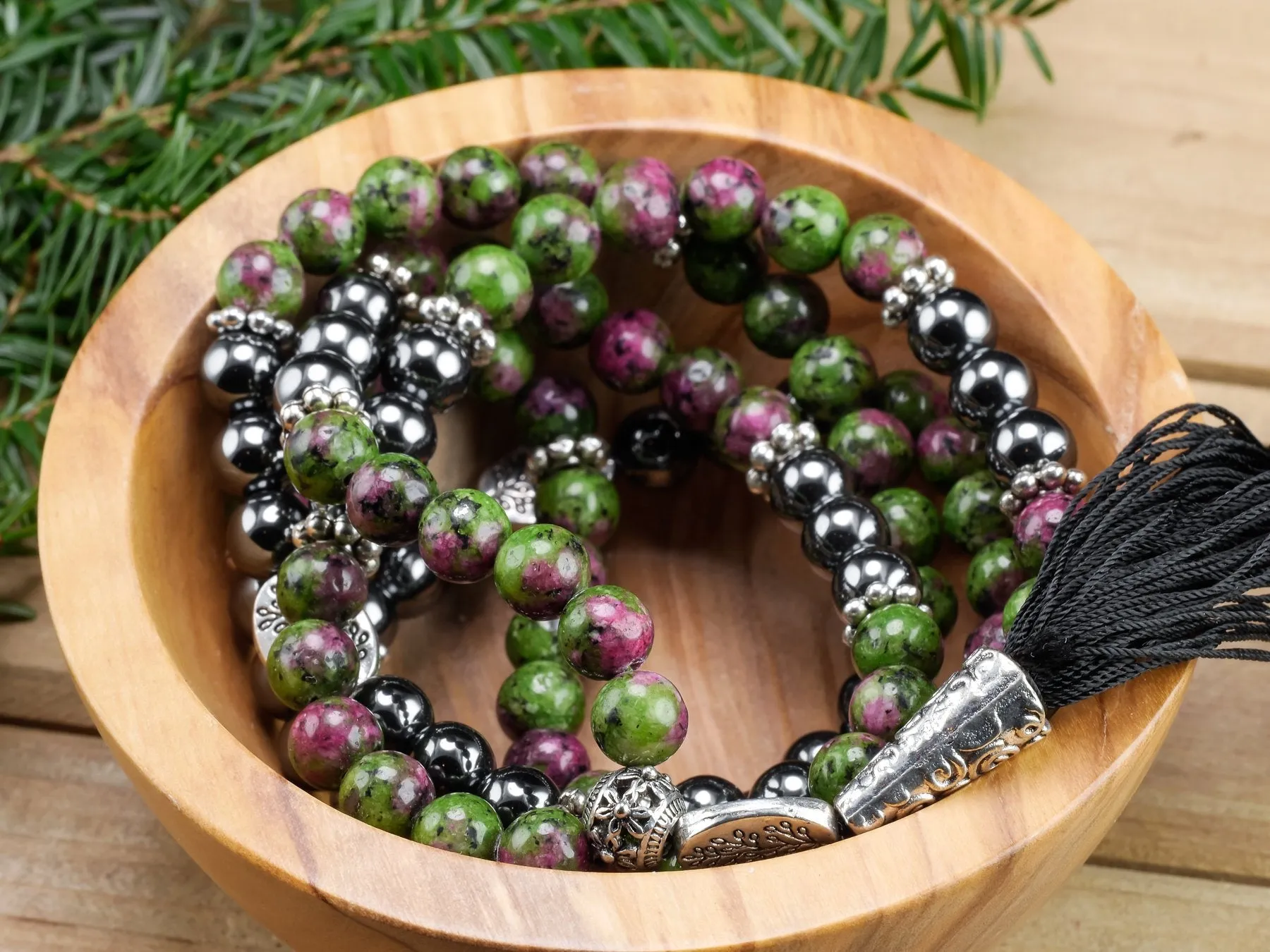 RUBY ZOISITE & HEMATITE Crystal Necklace, Mala - Beaded Necklace, Handmade Jewelry, Healing Crystals and Stones,  E1355