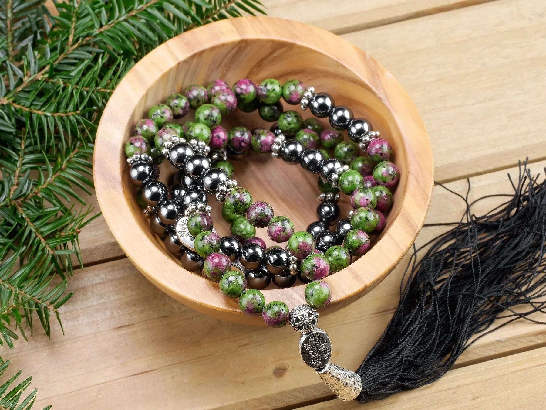 RUBY ZOISITE & HEMATITE Crystal Necklace, Mala - Beaded Necklace, Handmade Jewelry, Healing Crystals and Stones,  E1355