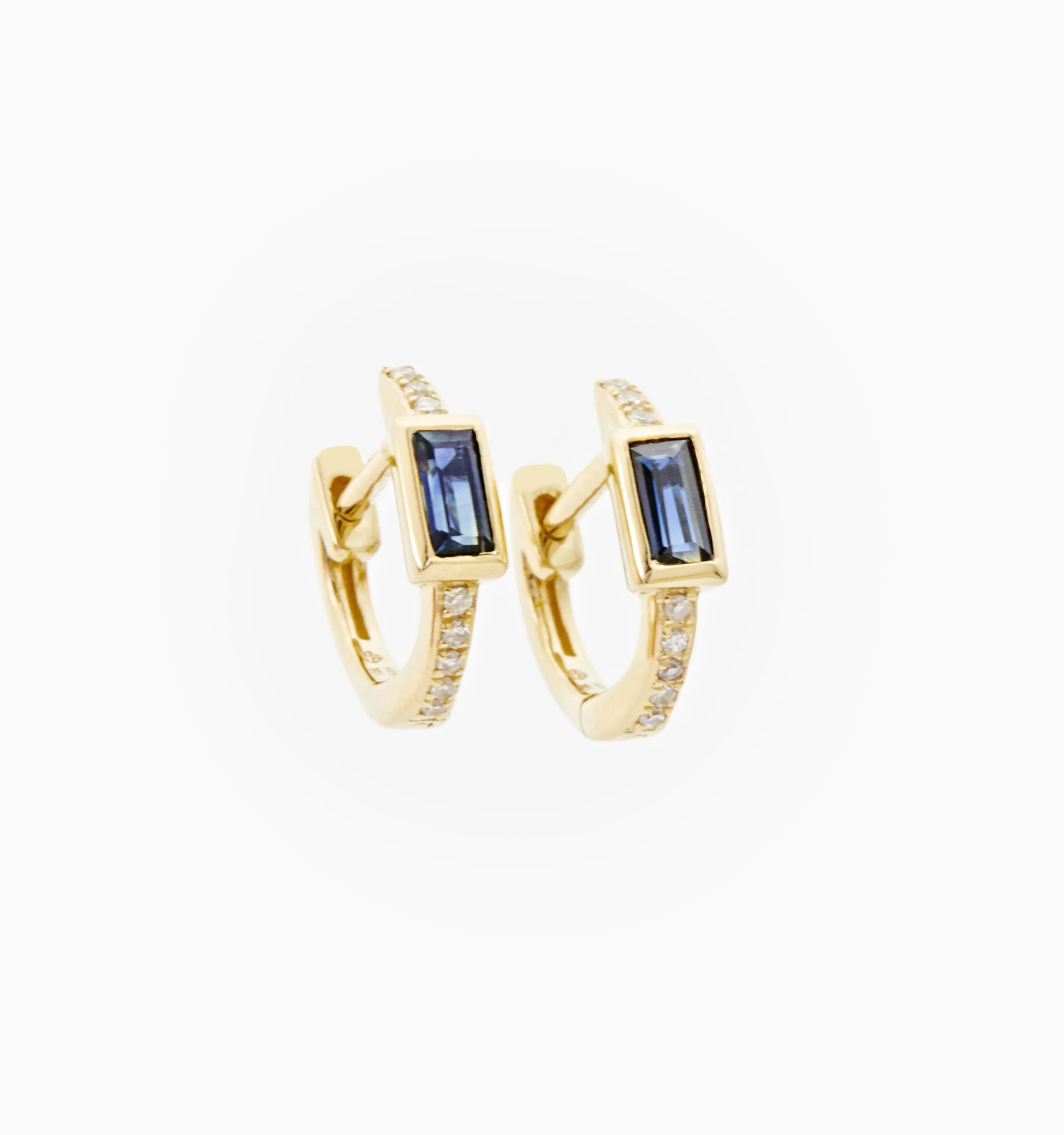 Sapphire Baguette Diamond Hoops In 14K Solid Gold