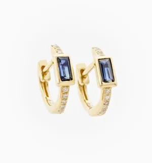 Sapphire Baguette Diamond Hoops In 14K Solid Gold