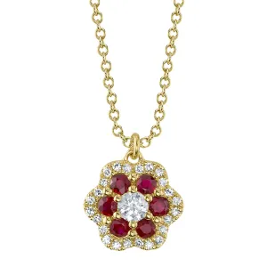 Shy Creation Diamond & Ruby Flower Necklace