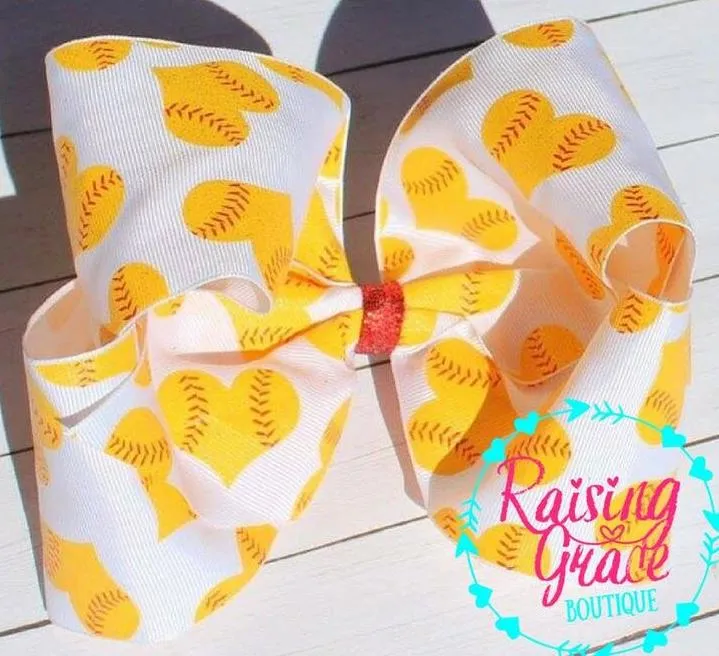 Softball Hearts Hair Bow