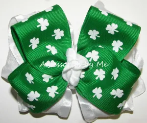 St. Patrick's Day Shamrock Green White Big Hair Bow