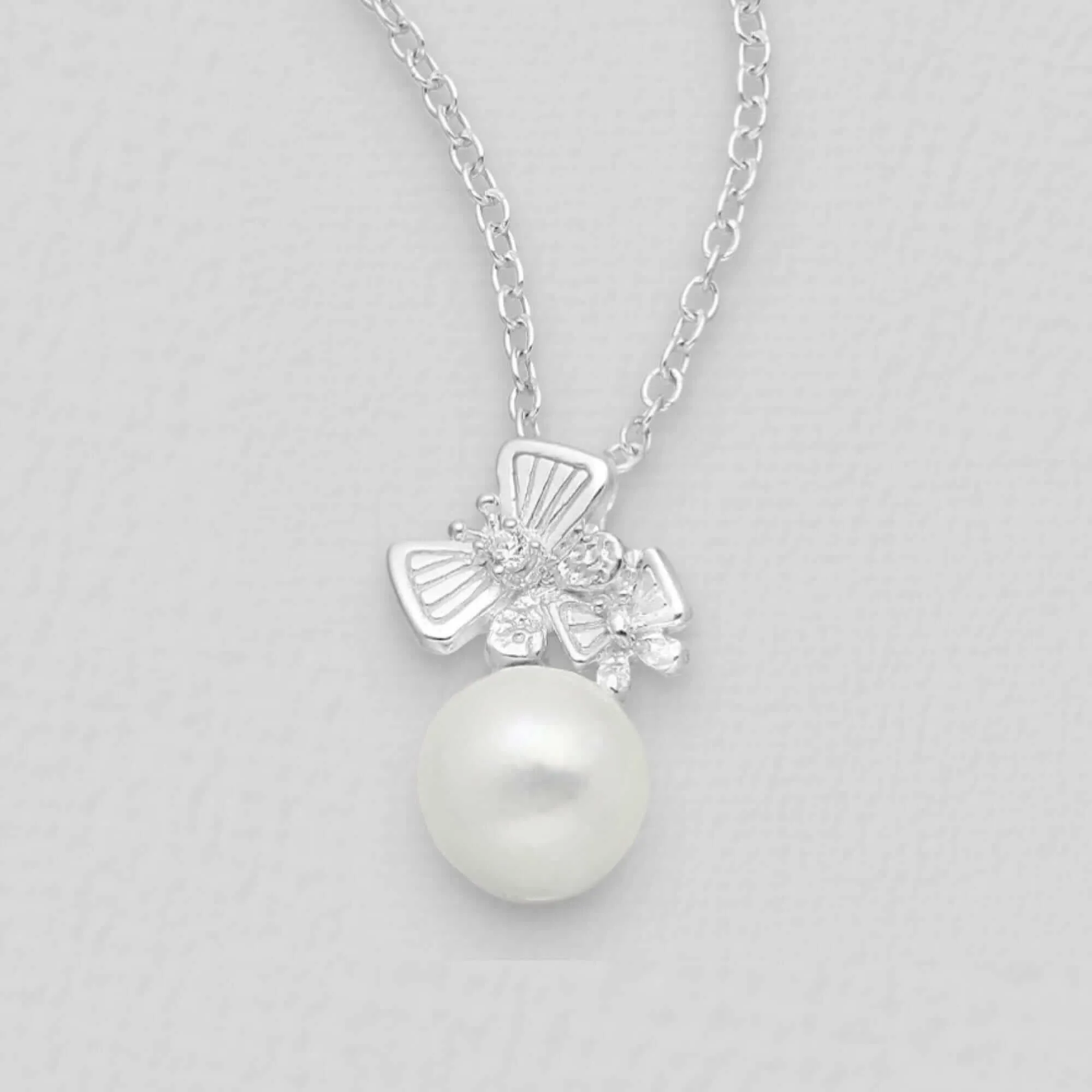 Sterling Silver Butterfly Hook Earrings and Pendant, with Freshwater Pearls and CZ