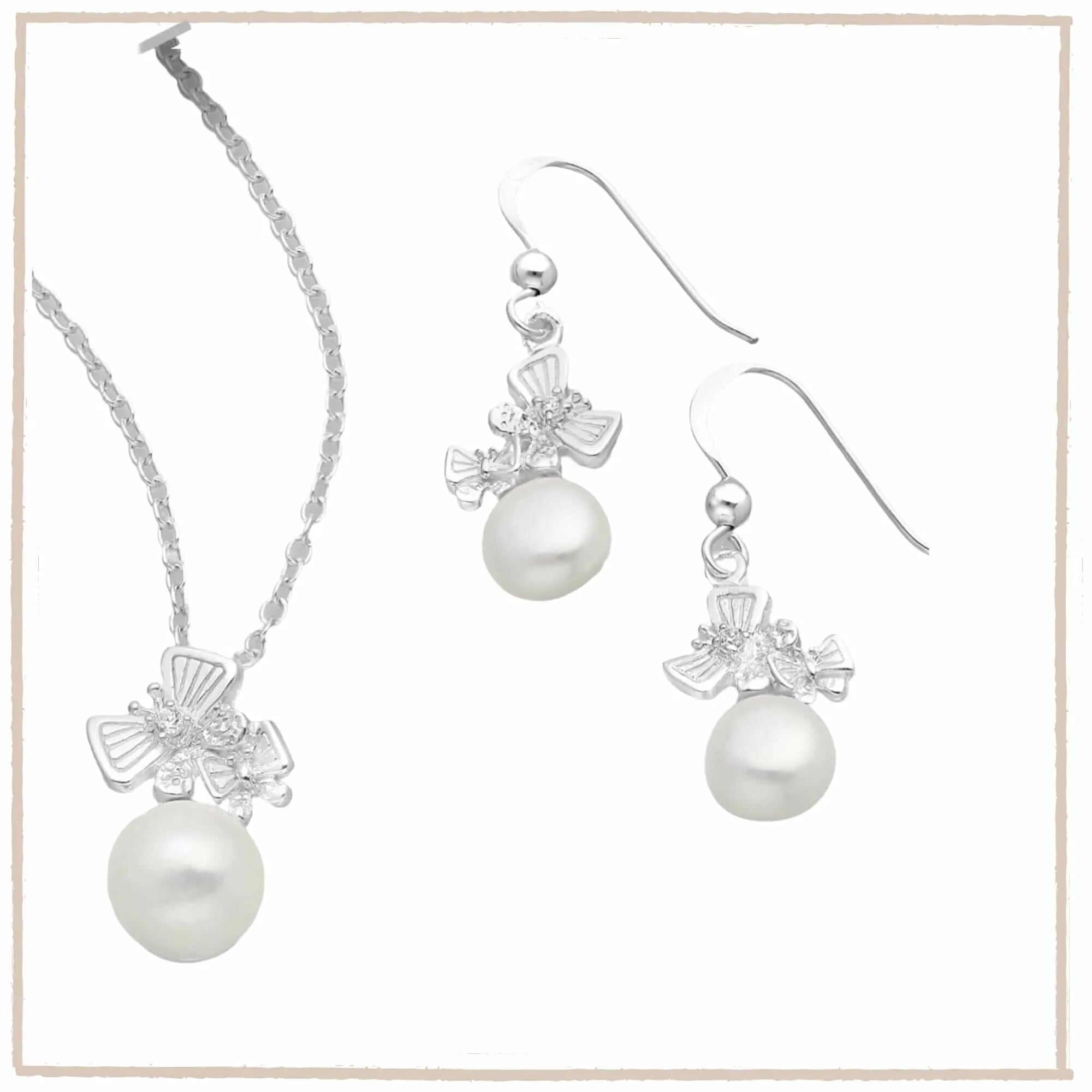 Sterling Silver Butterfly Hook Earrings and Pendant, with Freshwater Pearls and CZ