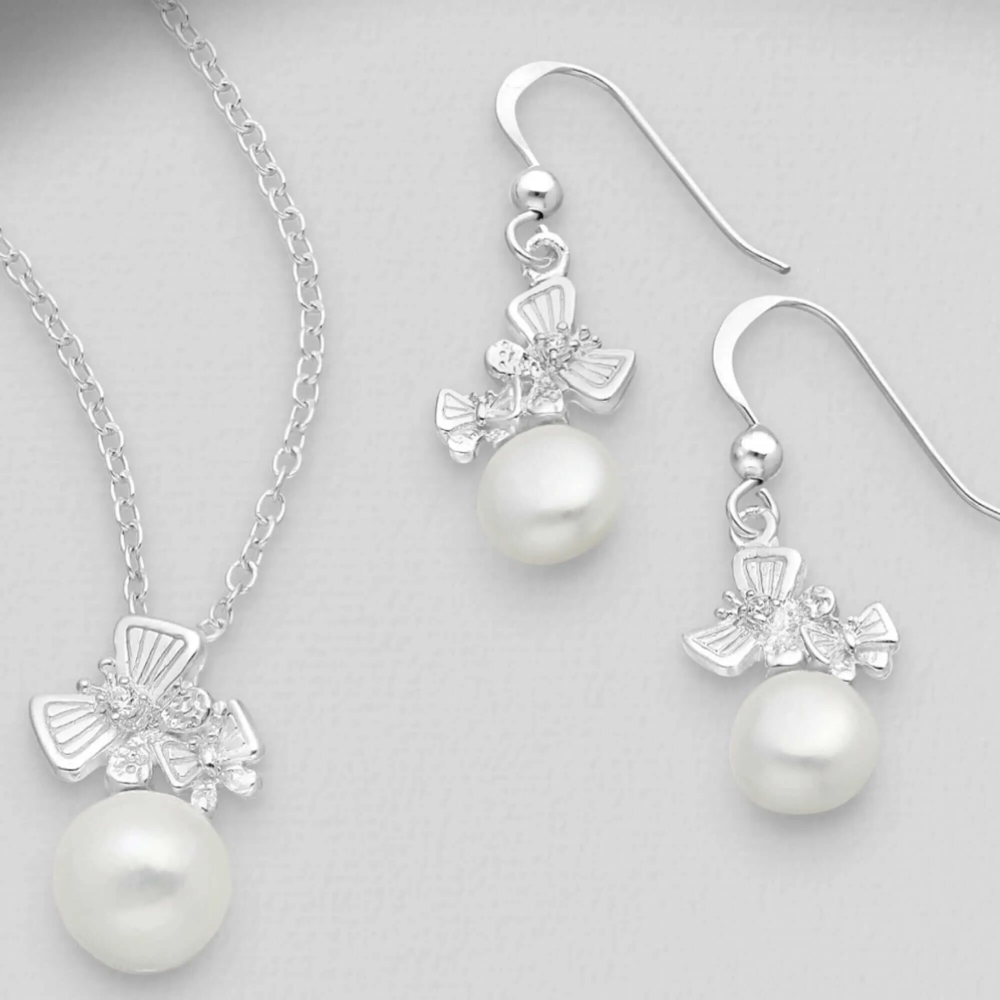 Sterling Silver Butterfly Hook Earrings and Pendant, with Freshwater Pearls and CZ