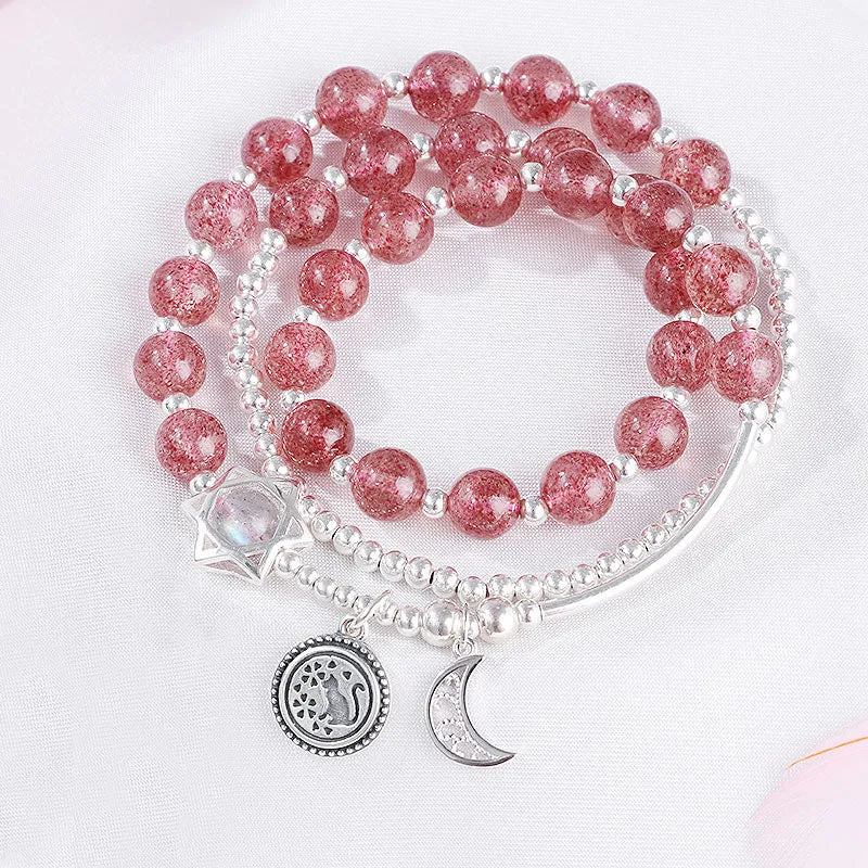 Strawberry Quartz Moonstone Sterling Silver Bead Bracelet Rosantica Handmade Jewelry Women