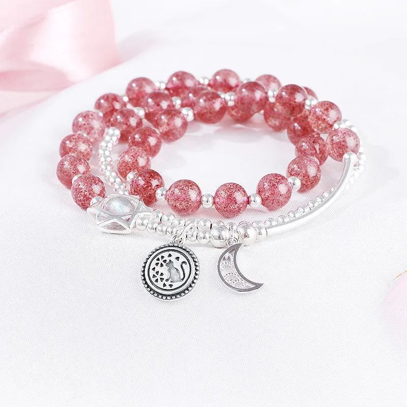 Strawberry Quartz Moonstone Sterling Silver Bead Bracelet Rosantica Handmade Jewelry Women