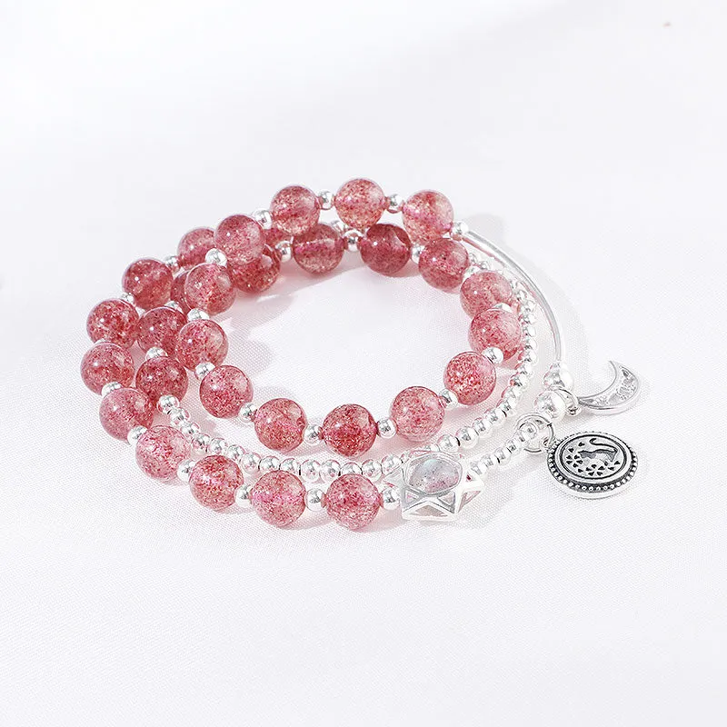 Strawberry Quartz Moonstone Sterling Silver Bead Bracelet Rosantica Handmade Jewelry Women