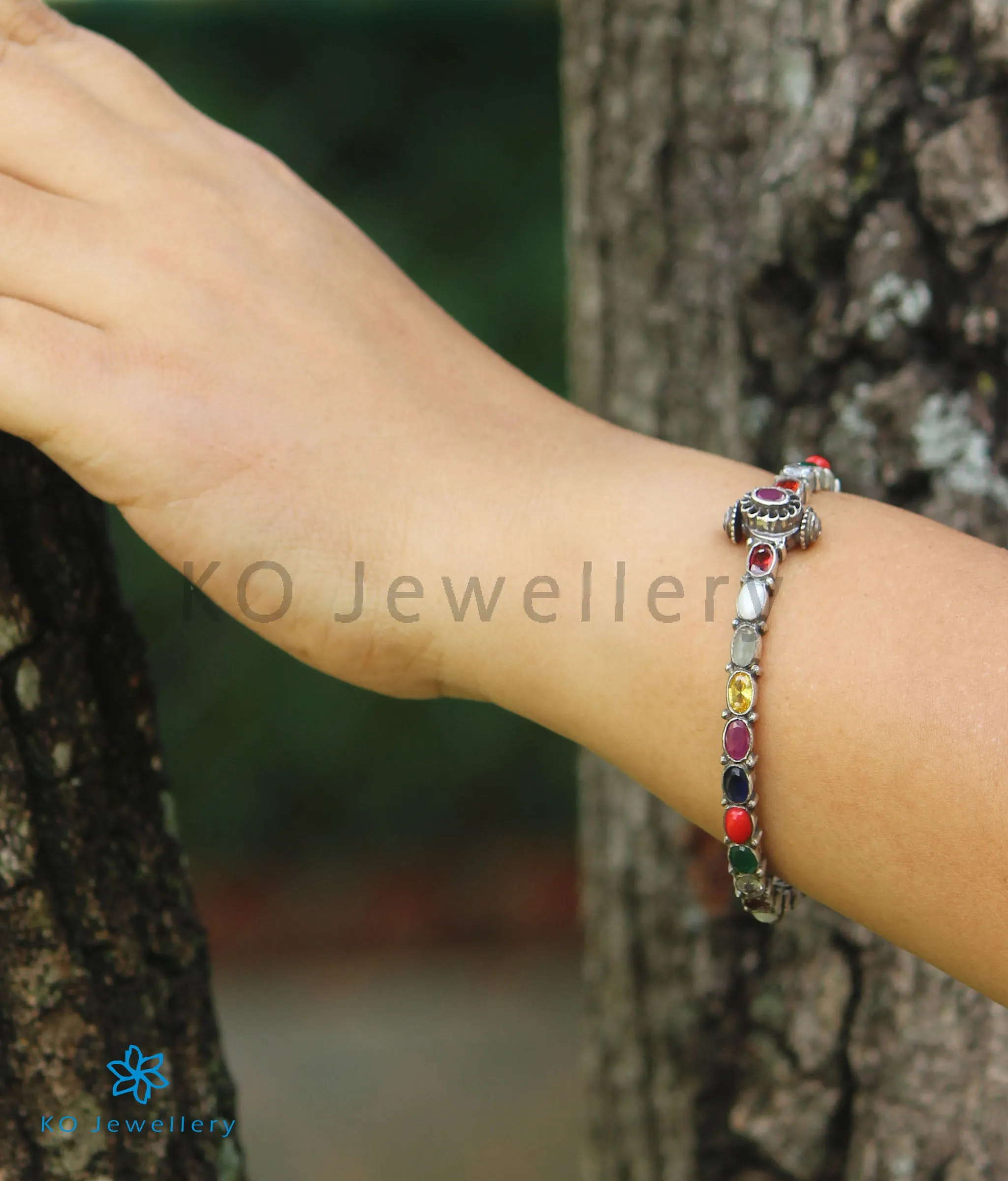 The Vidvat Silver Navaratna Bracelet (Oxidised/Size 2.2/2.4/2.6/2.8)