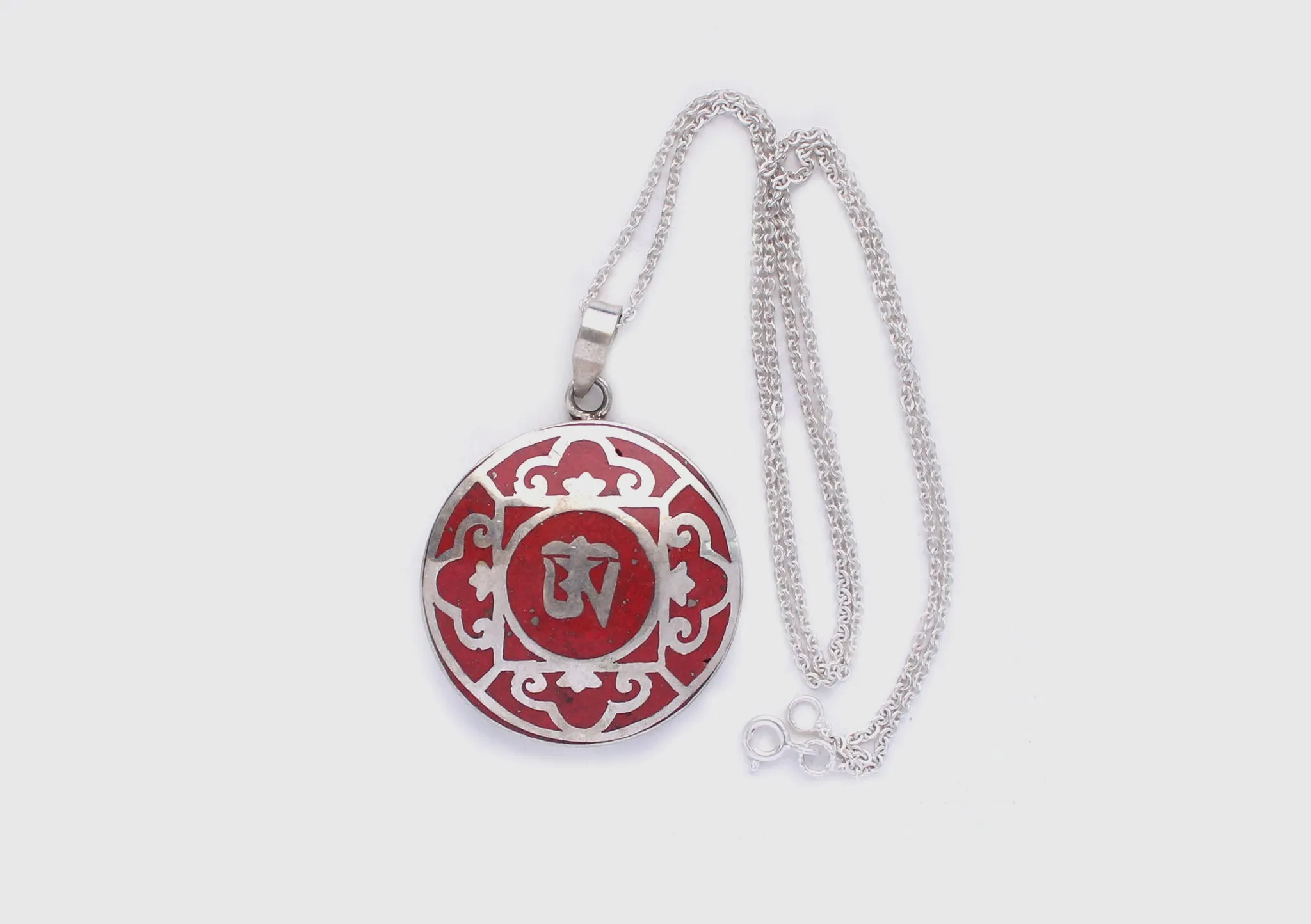 Tibetan Om Mandala White Metal Pendant