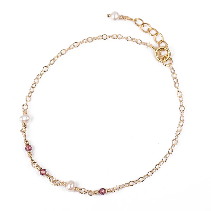 Tiny Garnet and Pearl Bead Bracelet in 14K Gold Handmade Jewelry Accessories Women