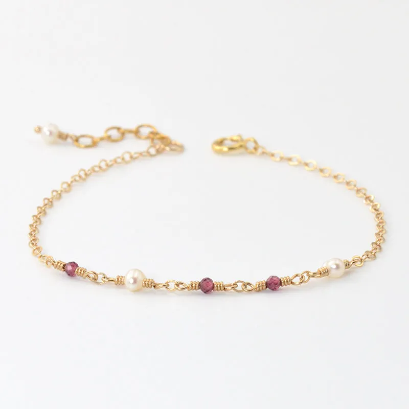 Tiny Garnet and Pearl Bead Bracelet in 14K Gold Handmade Jewelry Accessories Women