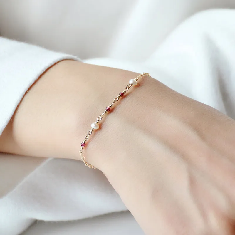 Tiny Garnet and Pearl Bead Bracelet in 14K Gold Handmade Jewelry Accessories Women