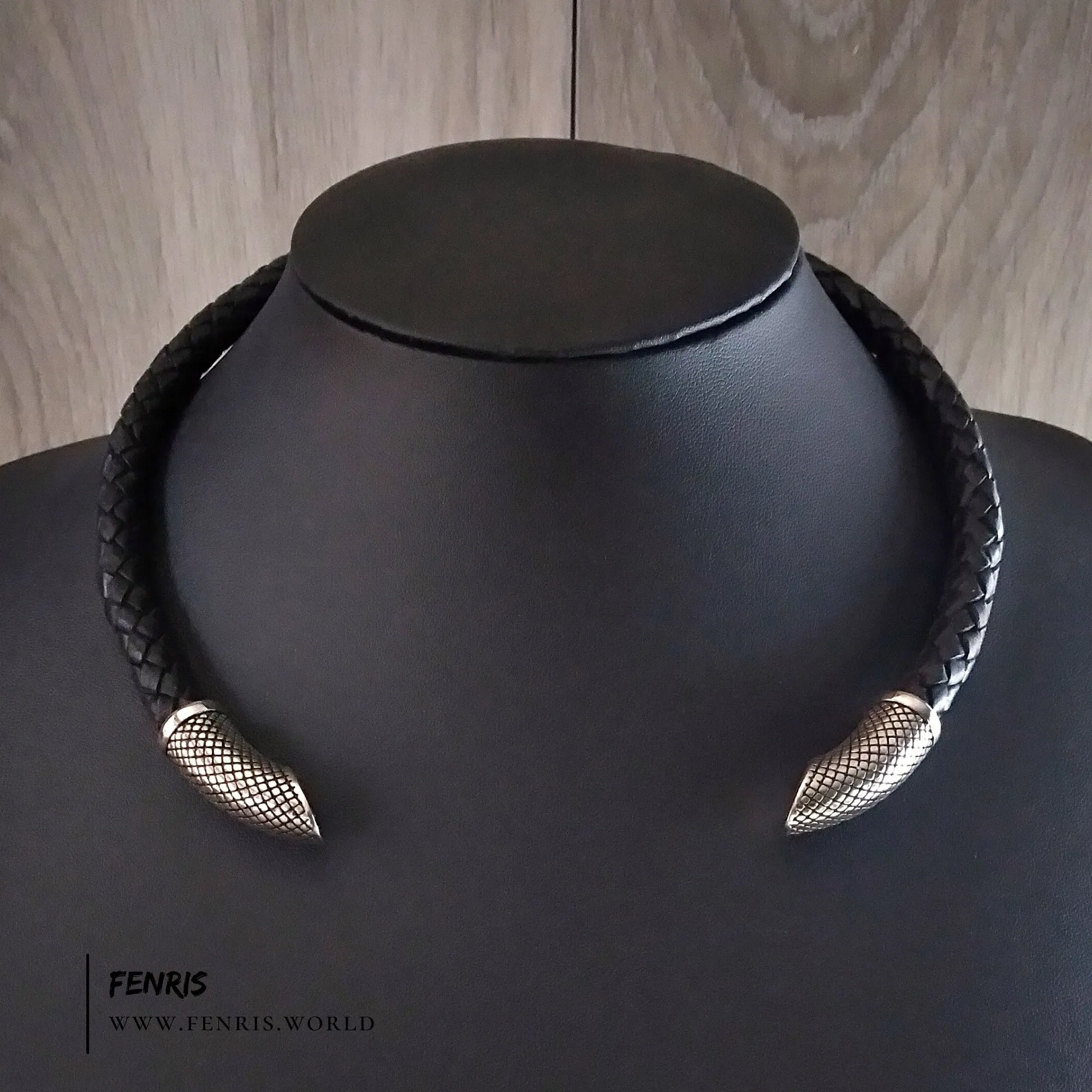 Torc Necklace Black Leather Silver Modern